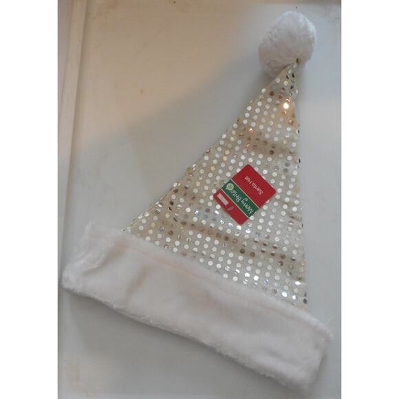 Christmas Santa Hat White with Silver Sequin Dots 18″ Tall by Merry Brite - Picture 1 of 2
